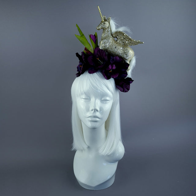 "Somnium" Gold Unicorn & Purple Flower Headdress