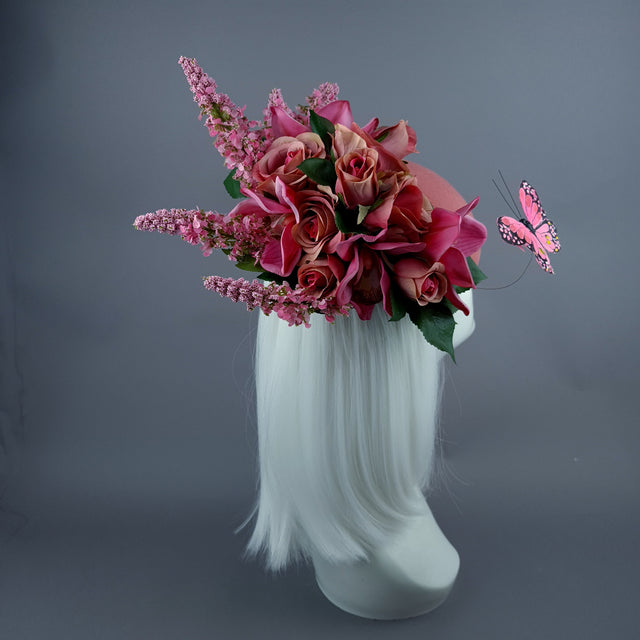 "Posey" Pink Rose & Butterfly Fascinator Hat Headdress
