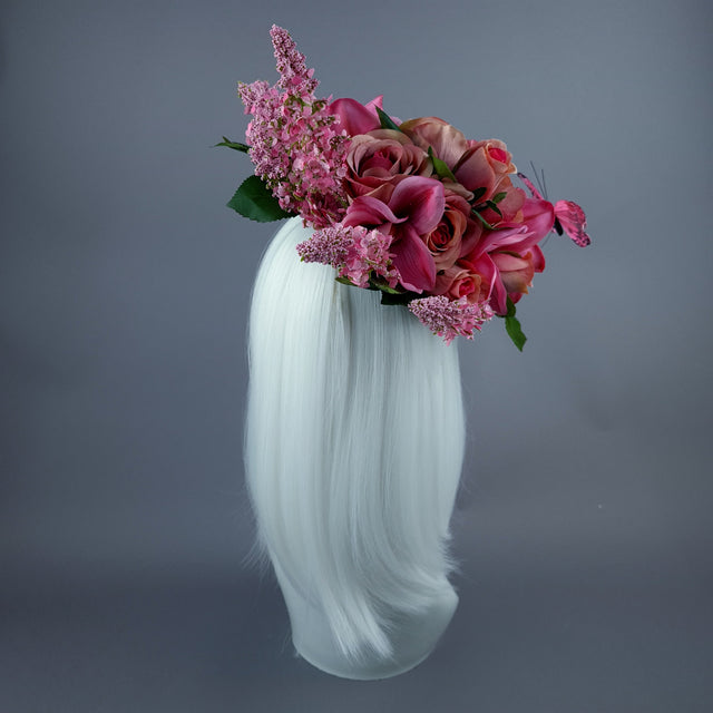 "Posey" Pink Rose & Butterfly Fascinator Hat Headdress
