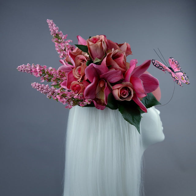 "Posey" Pink Rose & Butterfly Fascinator Hat Headdress
