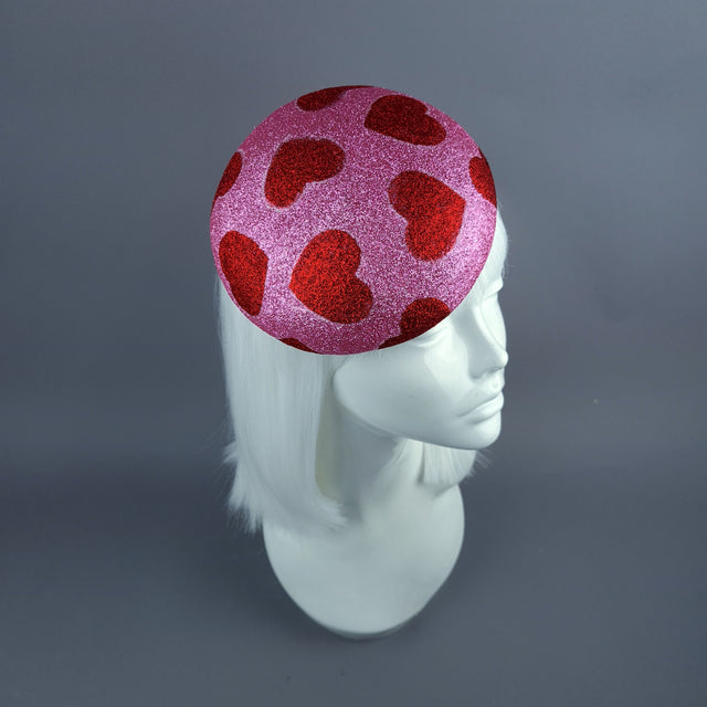 "Sweet Heart" Red & Pink Glitter Hearts Fascinator Hat Headdress
