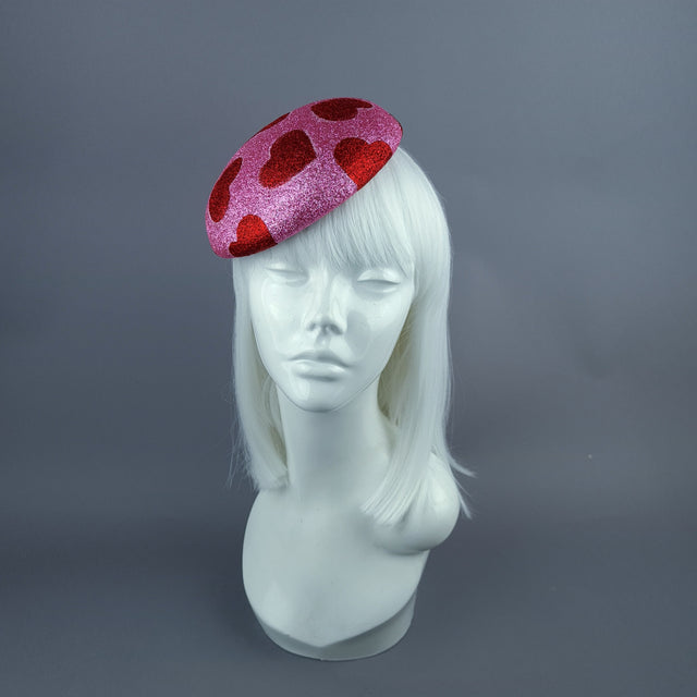 "Sweet Heart" Red & Pink Glitter Hearts Fascinator Hat Headdress