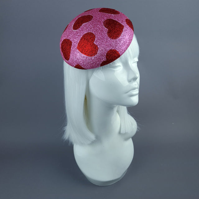 "Sweet Heart" Red & Pink Glitter Hearts Fascinator Hat Headdress