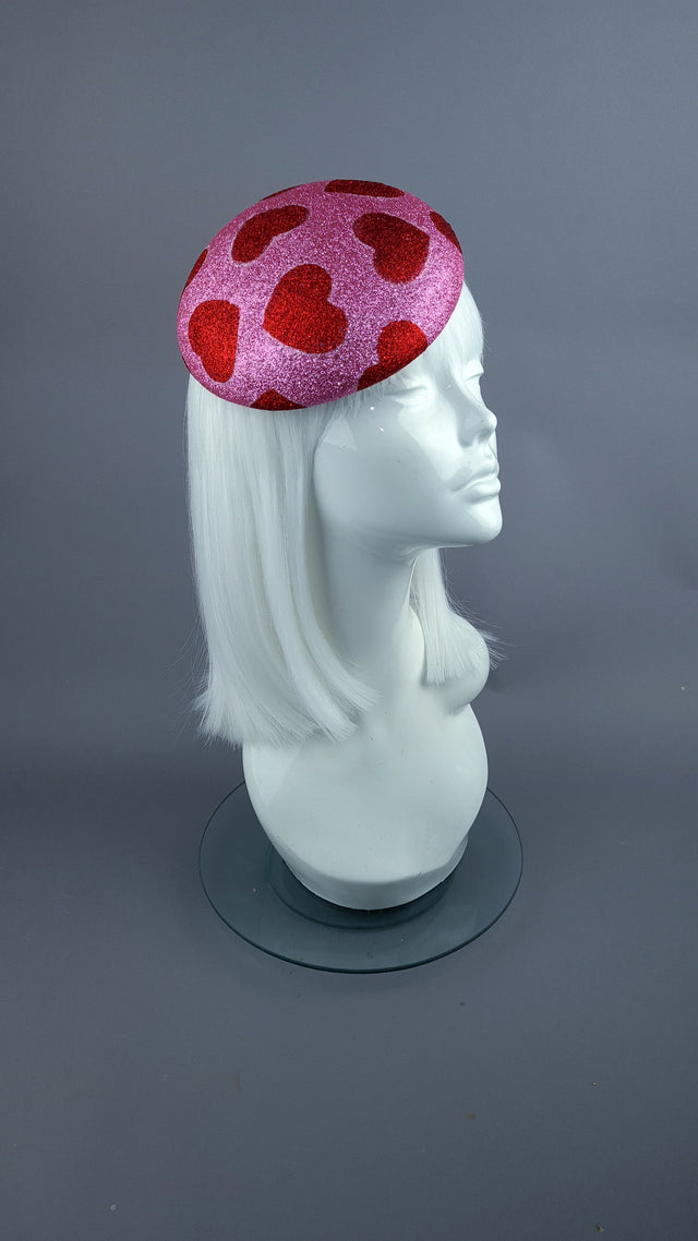 "Sweet Heart" Red & Pink Glitter Hearts Fascinator Hat Headdress