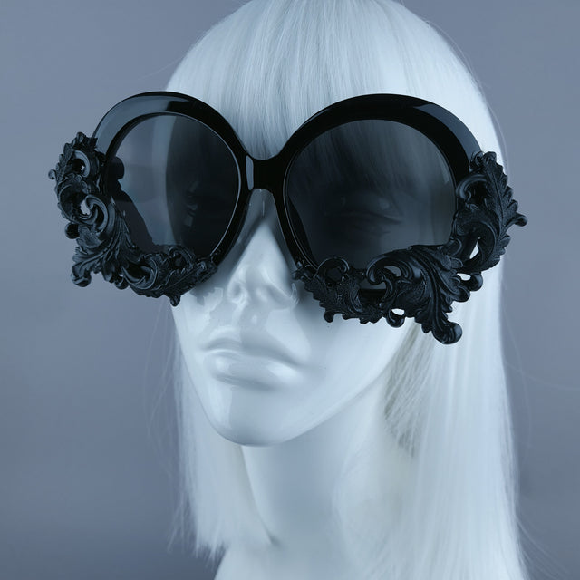 Pearls & Swine Black Filigree Oversized Round Sunglasses "Iris"