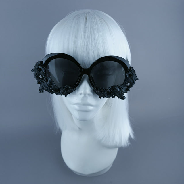 "Iris" Black Filigree Oversized Round Sunglasses