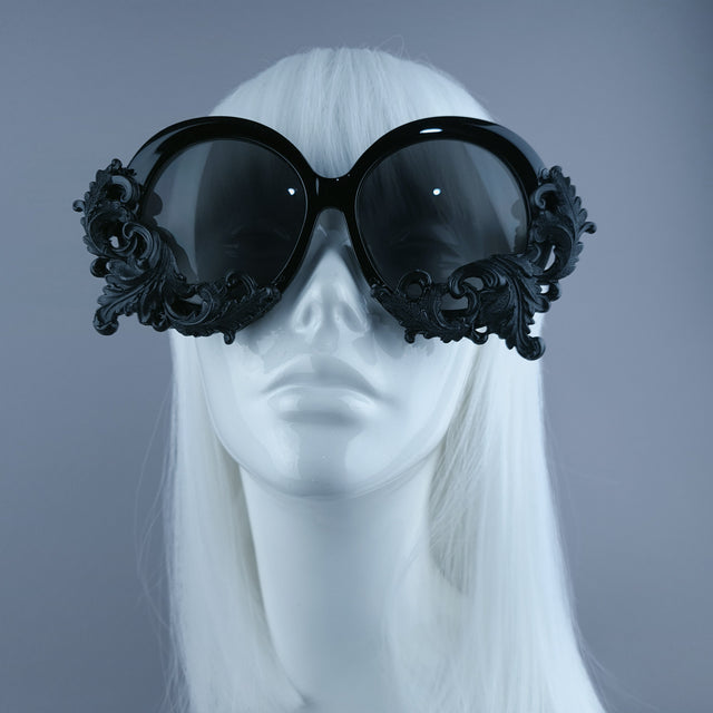 Pearls & Swine Black Filigree Oversized Round Sunglasses "Iris"