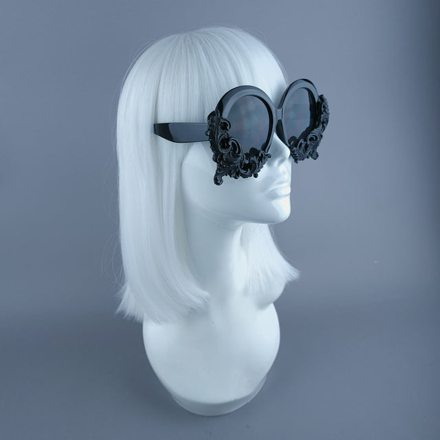 "Iris" Black Filigree Oversized Round Sunglasses