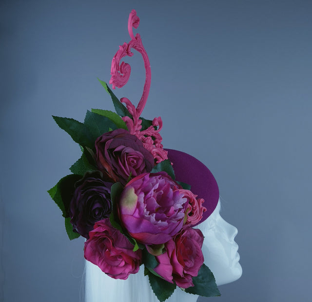 "Urania" Pink Rose, Cherub & Filigree Fascinator Hat
