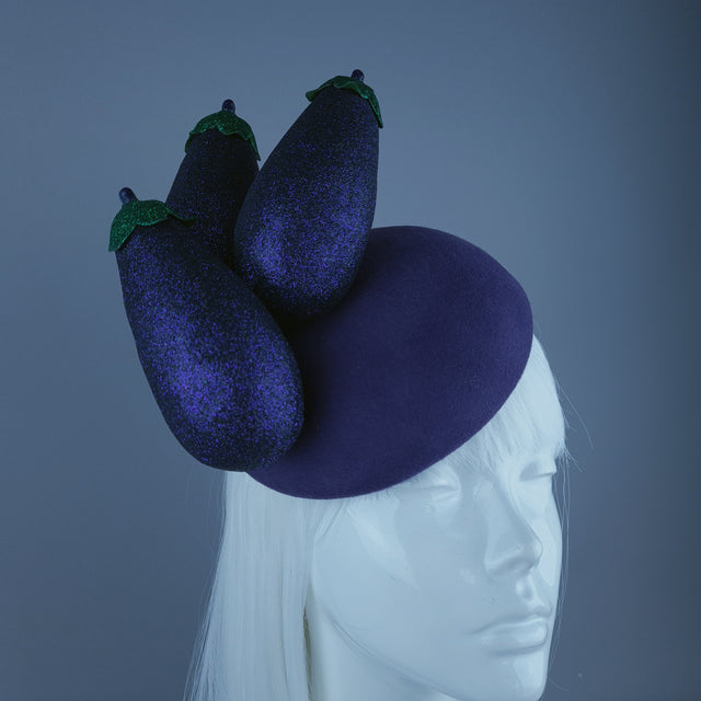 "Débauche" Glitter Aubergine Eggplant Vegetable Food Fascinator Hat