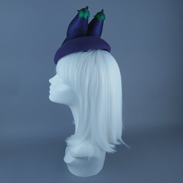 "Débauche" Glitter Aubergine Eggplant Vegetable Food Fascinator Hat