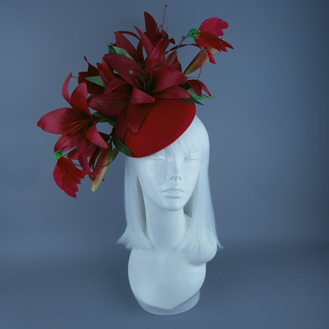 "Innamorato" Red Lily & Hummingbird Fascinator Hat Headdress