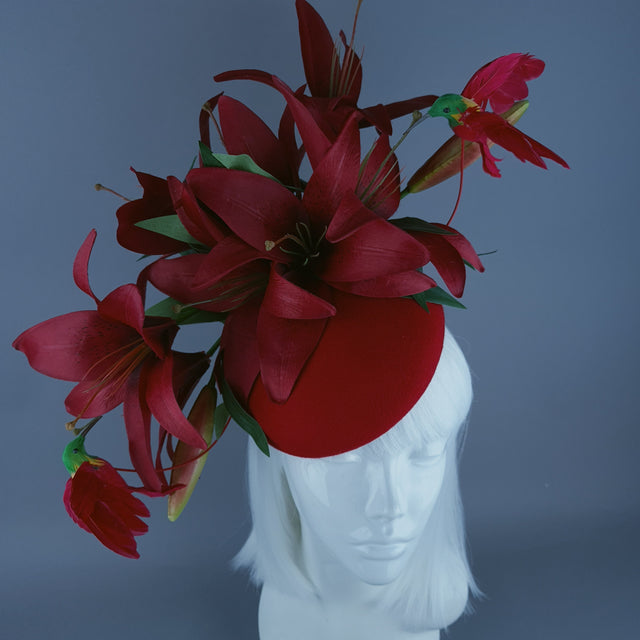 "Innamorato" Red Lily & Hummingbird Fascinator Hat Headdress