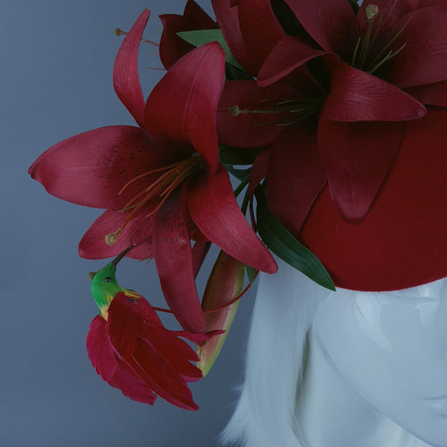 "Innamorato" Red Lily & Hummingbird Fascinator Hat Headdress