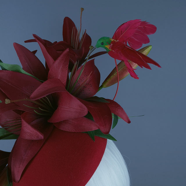 "Innamorato" Red Lily & Hummingbird Fascinator Hat Headdress