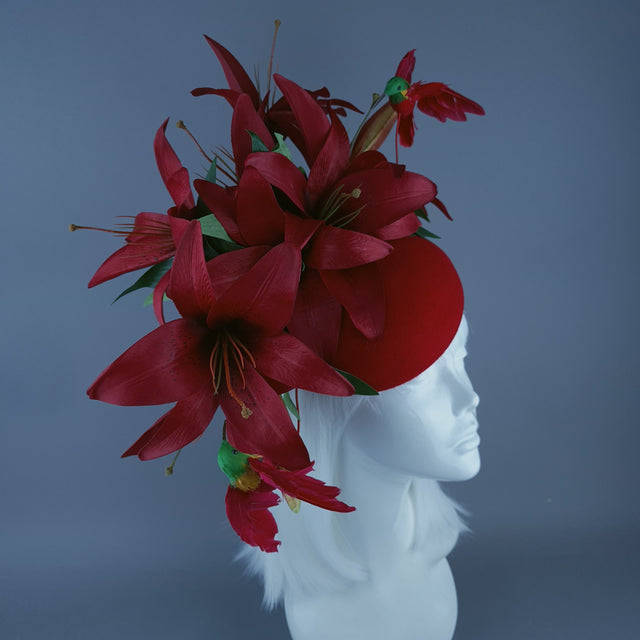 "Innamorato" Red Lily & Hummingbird Fascinator Hat Headdress