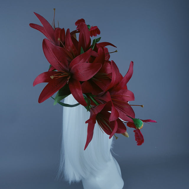 "Innamorato" Red Lily & Hummingbird Fascinator Hat Headdress