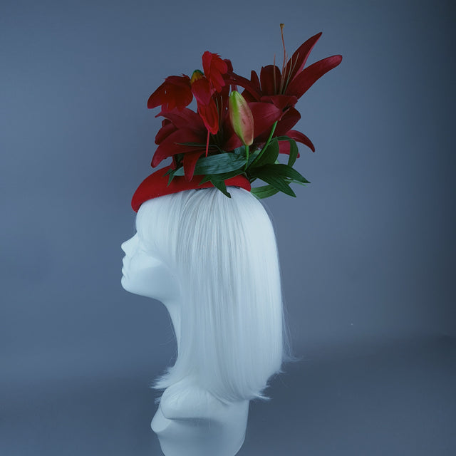 "Innamorato" Red Lily & Hummingbird Fascinator Hat Headdress