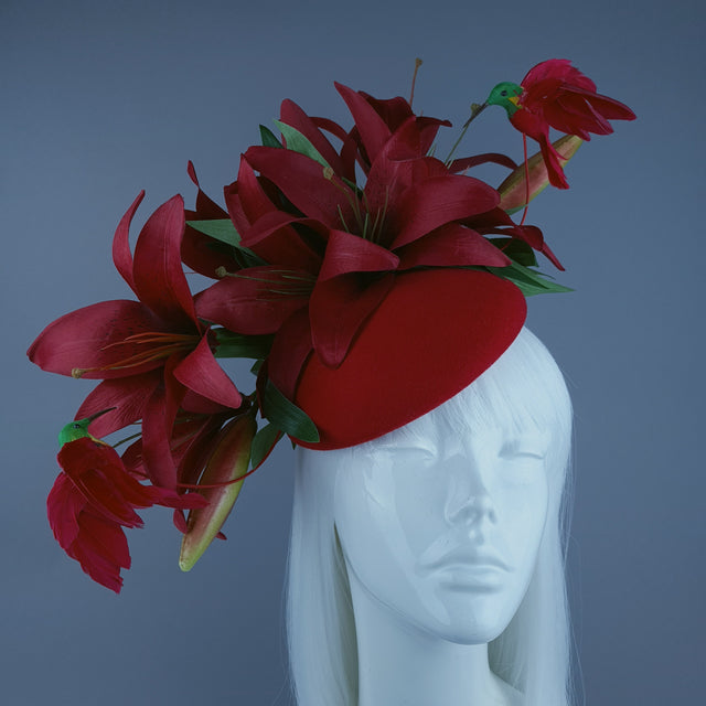 "Innamorato" Red Lily & Hummingbird Fascinator Hat Headdress