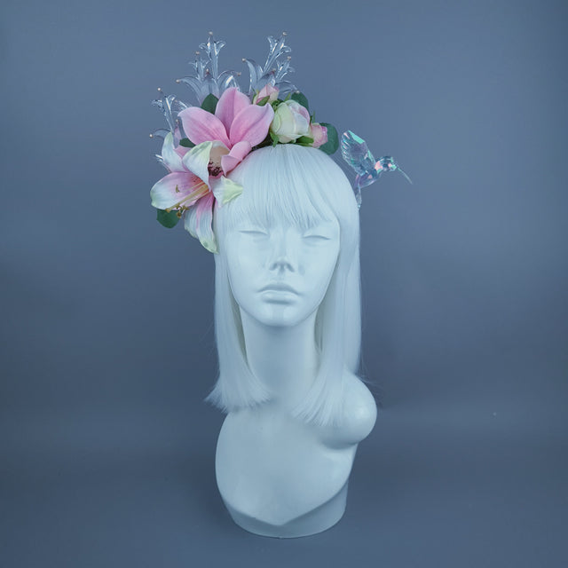 "Letitia" Pink Flower, Jewel & Hummingbird Headband