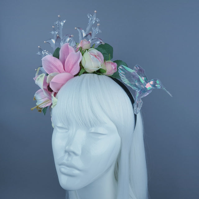 "Letitia" Pink Flower, Jewel & Hummingbird Headband