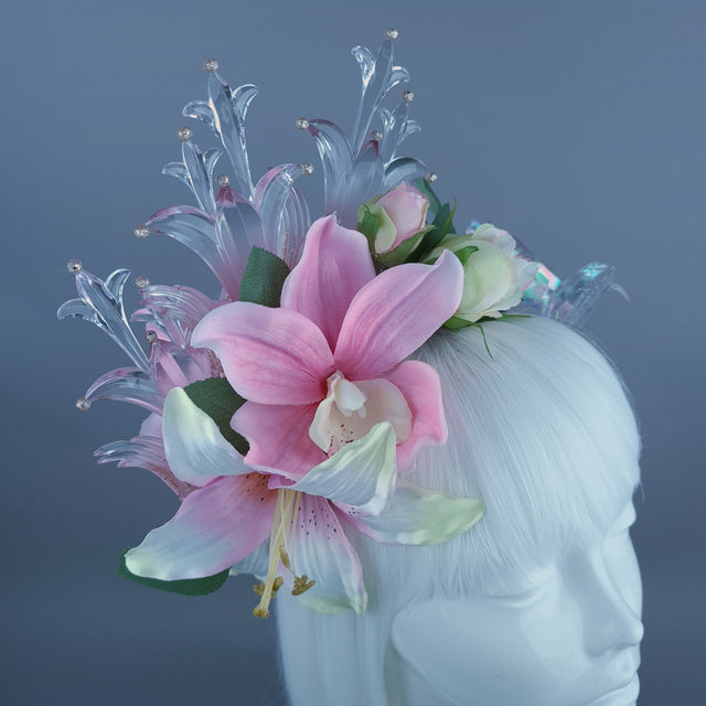 "Letitia" Pink Flower, Jewel & Hummingbird Headband