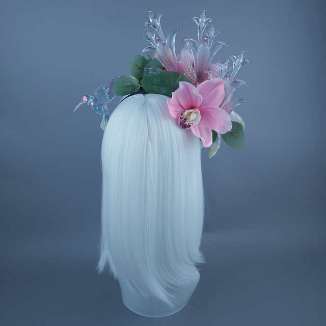 "Letitia" Pink Flower, Jewel & Hummingbird Headband
