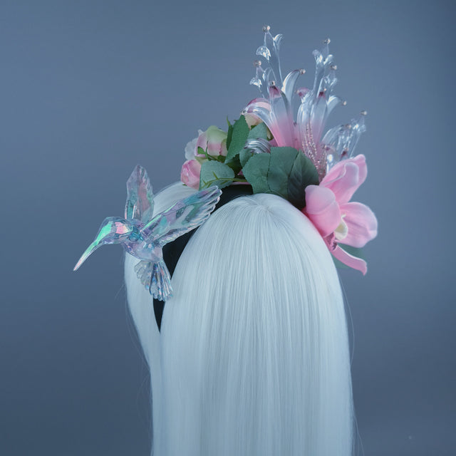 "Letitia" Pink Flower, Jewel & Hummingbird Headband