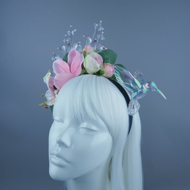 "Letitia" Pink Flower, Jewel & Hummingbird Headband