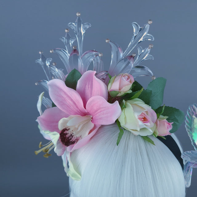 "Letitia" Pink Flower, Jewel & Hummingbird Headband