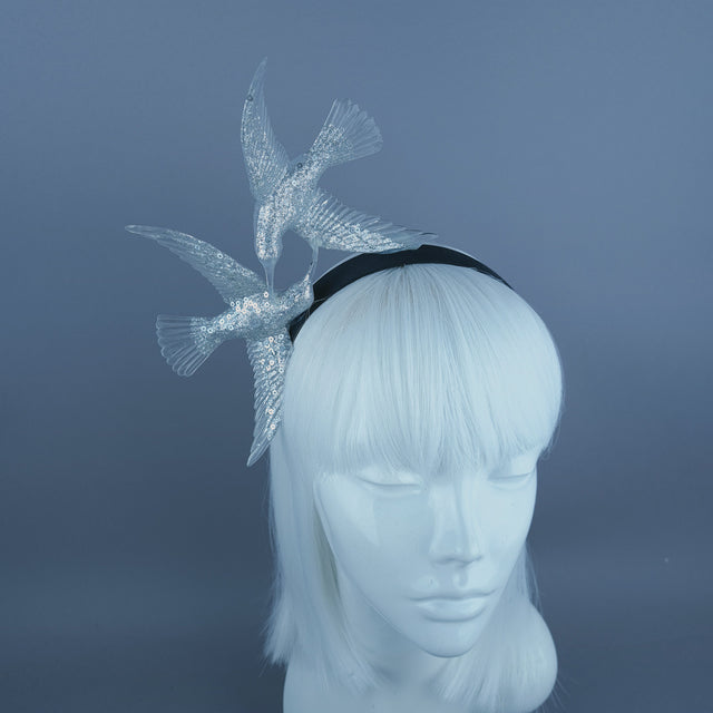 "Chorus" Silver Glitter Hummingbirds Headband