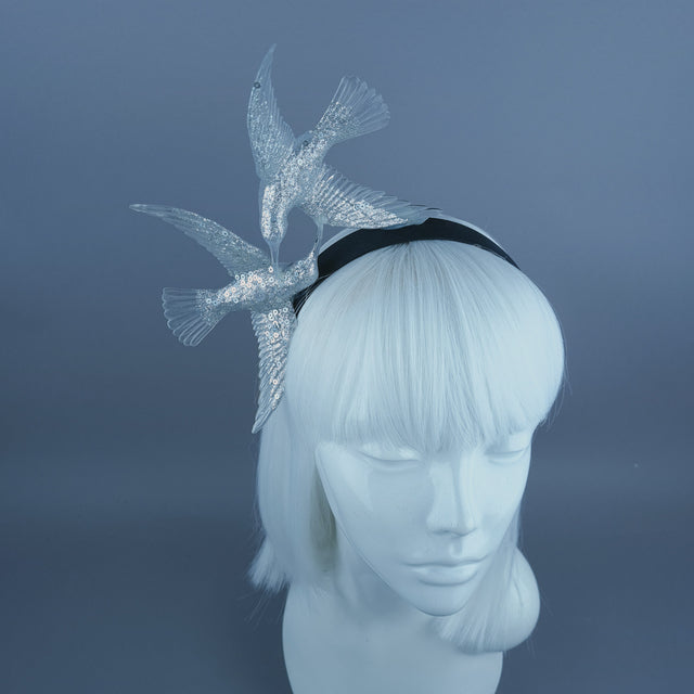 "Chorus" Silver Glitter Hummingbirds Headband