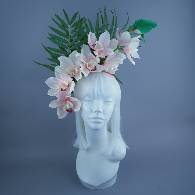 "Calida" Pale Ivory Pink Orchid & Hummingbird Headdress