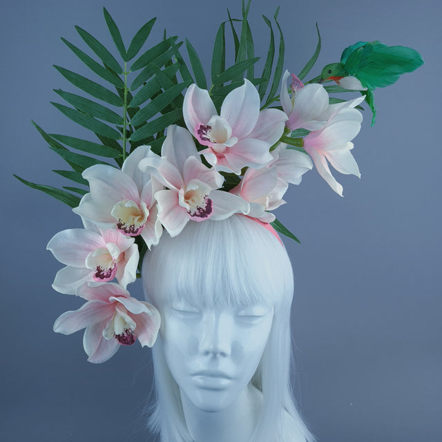 "Calida" Pale Ivory Pink Orchid & Hummingbird Headdress