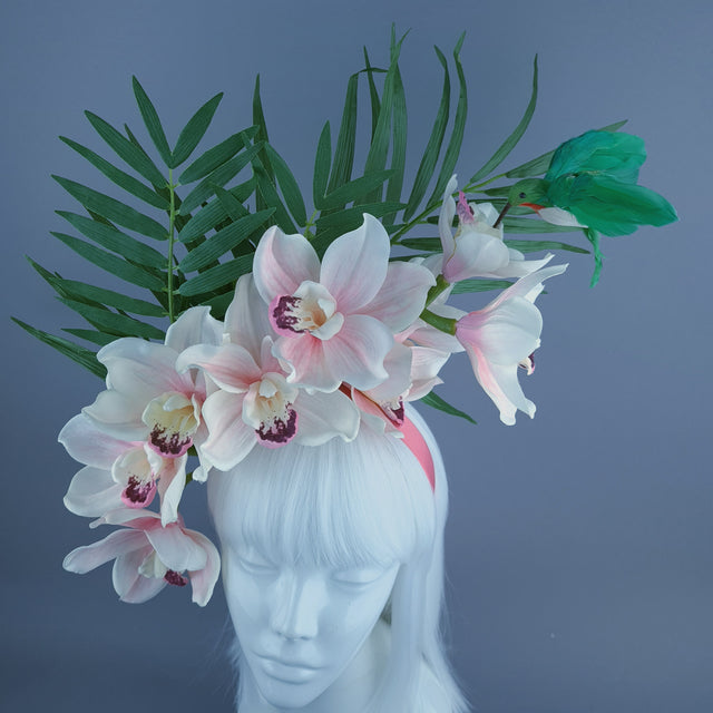 "Calida" Pale Ivory Pink Orchid & Hummingbird Headdress