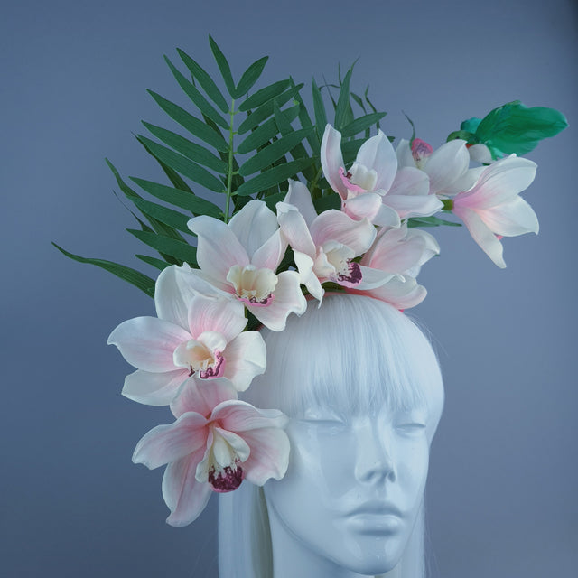 "Calida" Pale Ivory Pink Orchid & Hummingbird Headdress