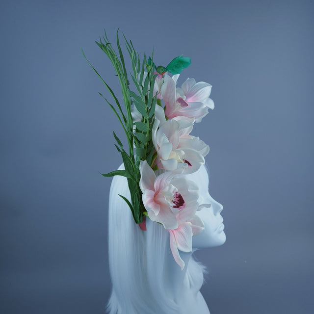 "Calida" Pale Ivory Pink Orchid & Hummingbird Headdress