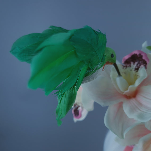 "Calida" Pale Ivory Pink Orchid & Hummingbird Headdress