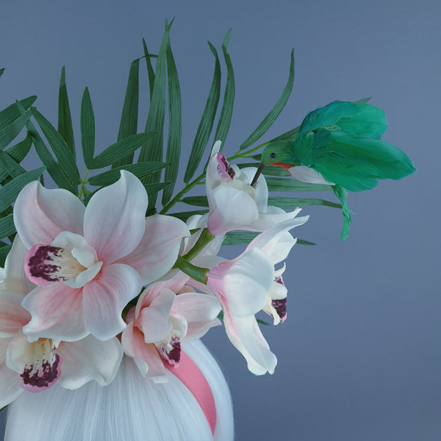 "Calida" Pale Ivory Pink Orchid & Hummingbird Headdress