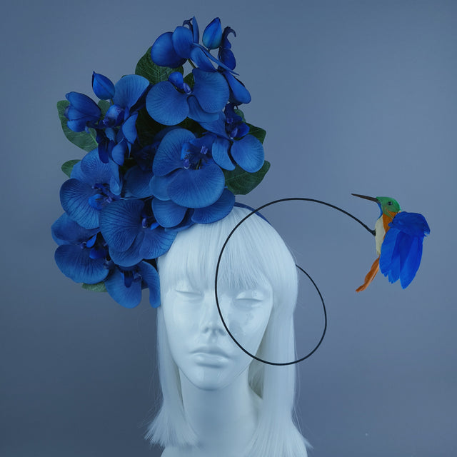 "Aria" Navy Blue Orchid & Hummingbird Headdress
