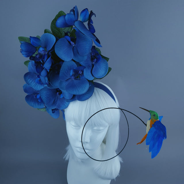 "Aria" Navy Blue Orchid & Hummingbird Headdress