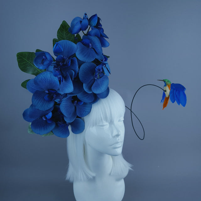 "Aria" Navy Blue Orchid & Hummingbird Headdress