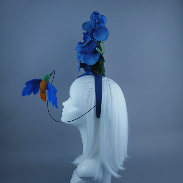 "Aria" Navy Blue Orchid & Hummingbird Headdress