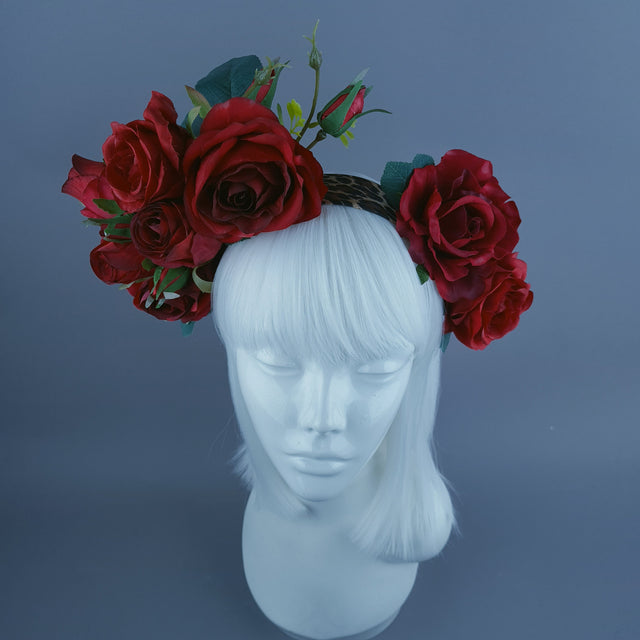 "Edana" Leopard Print and Red Rose Headdress