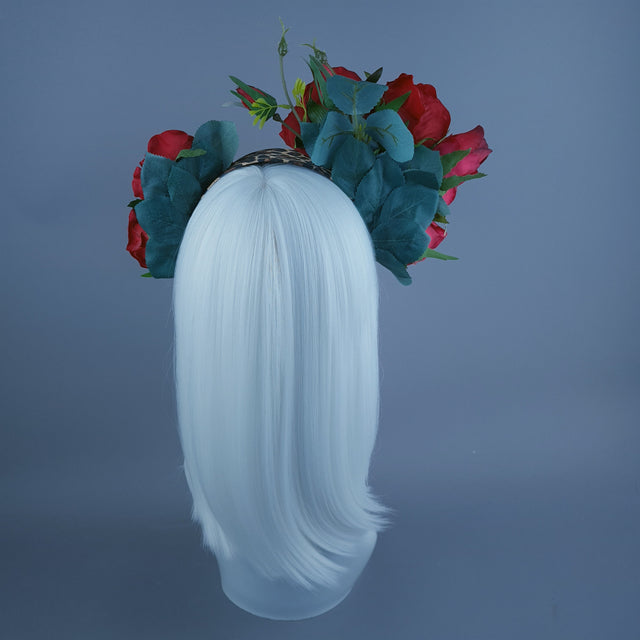 "Edana" Leopard Print and Red Rose Headdress