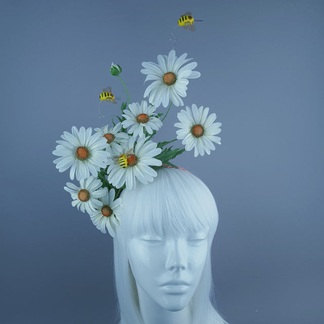 "Picnic" Red Gingham, White Daisy & Bees Headdress