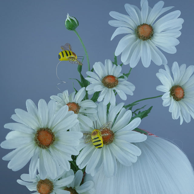 "Picnic" Red Gingham, White Daisy & Bees Headdress
