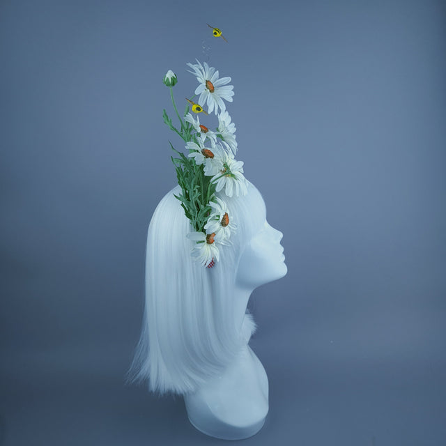 "Picnic" Red Gingham, White Daisy & Bees Headdress