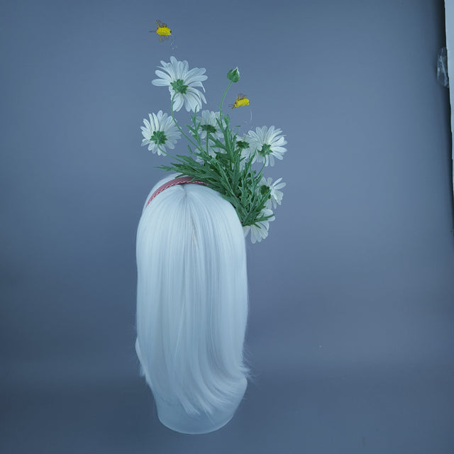 "Picnic" Red Gingham, White Daisy & Bees Headdress