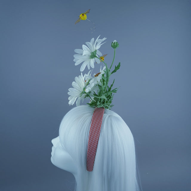 "Picnic" Red Gingham, White Daisy & Bees Headdress